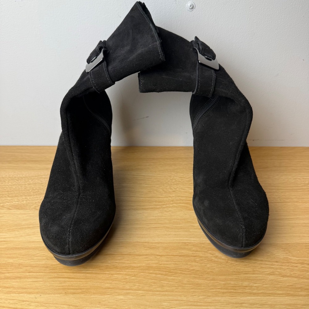 La Canadienne Suede Ankle Boots Women 8.5 Black Platform Buckle Quiet Luxury